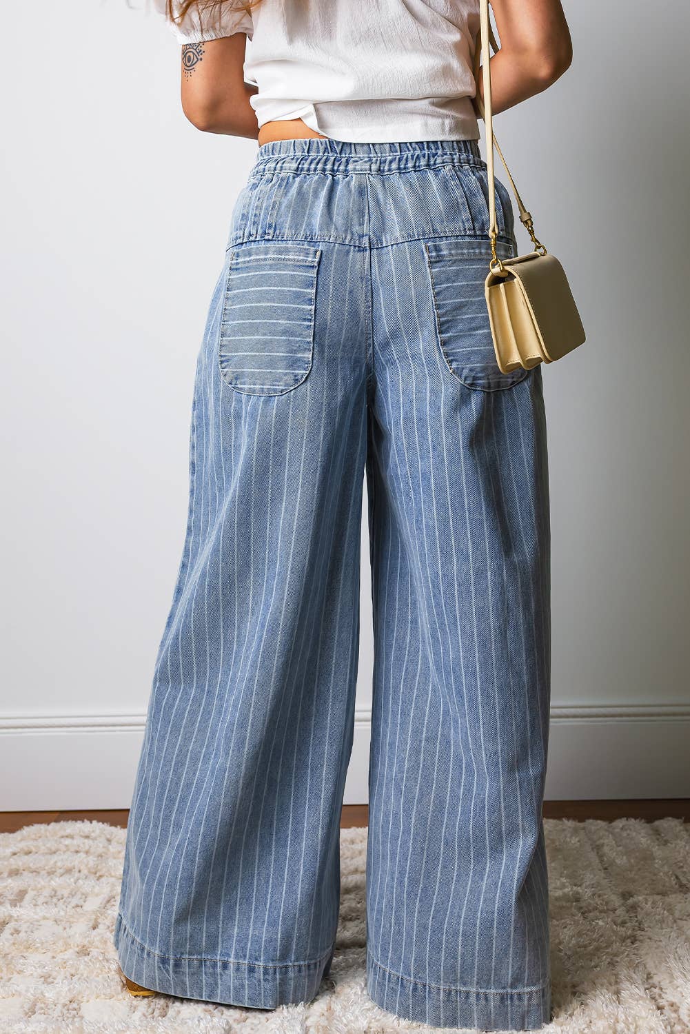 Stripe Button Pleated Drawstring Waist Wide Leg Jeans Sky Blue Stripe