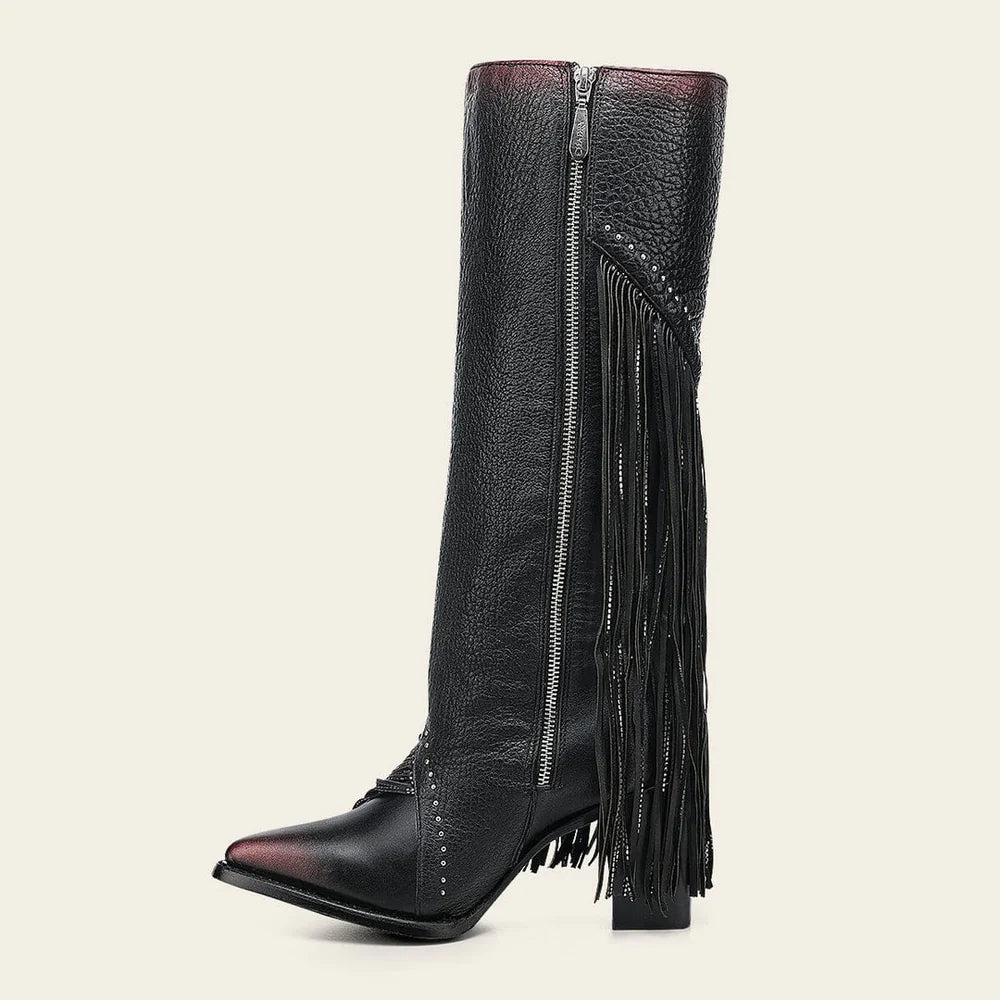 CC248 LD CUADRA BLACK ZIPPER & STUDS & FRINGE POINTED TOE BOOT