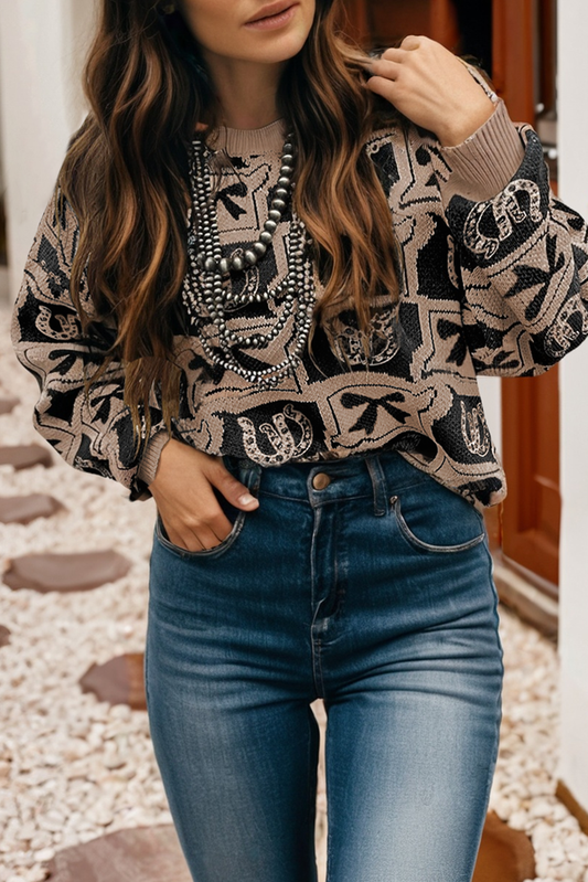 LD2726887-P222 LDC Western Fashion Patterned Loose Sweater| S-4X: Black