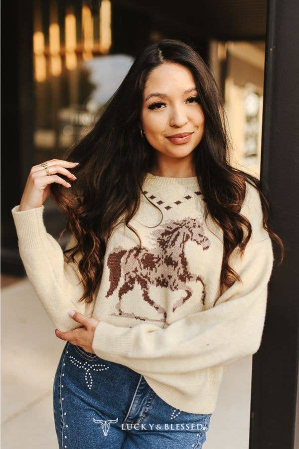 Cream Running Horse Knit Printed Long Sleeve Sweater