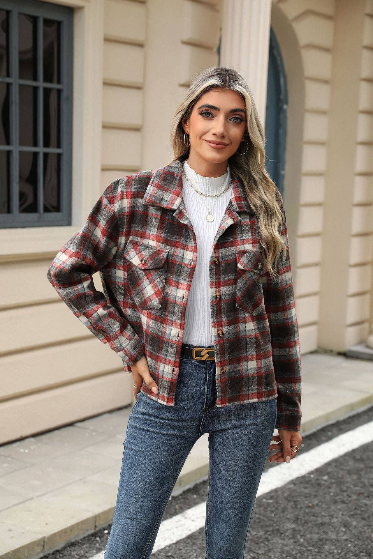 HLL7013-3 Long Sleeve Loose Pocket Plaid Top Wool Jacket