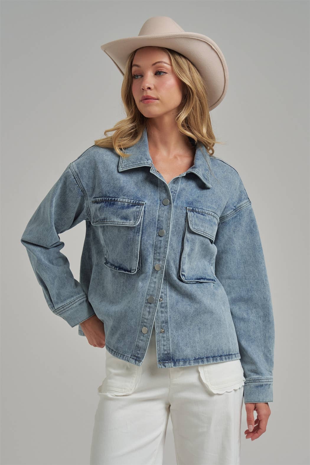 VINTAGE WASHED DENIM SHACKET WITH 3D FRONT POCKETS: DENIM