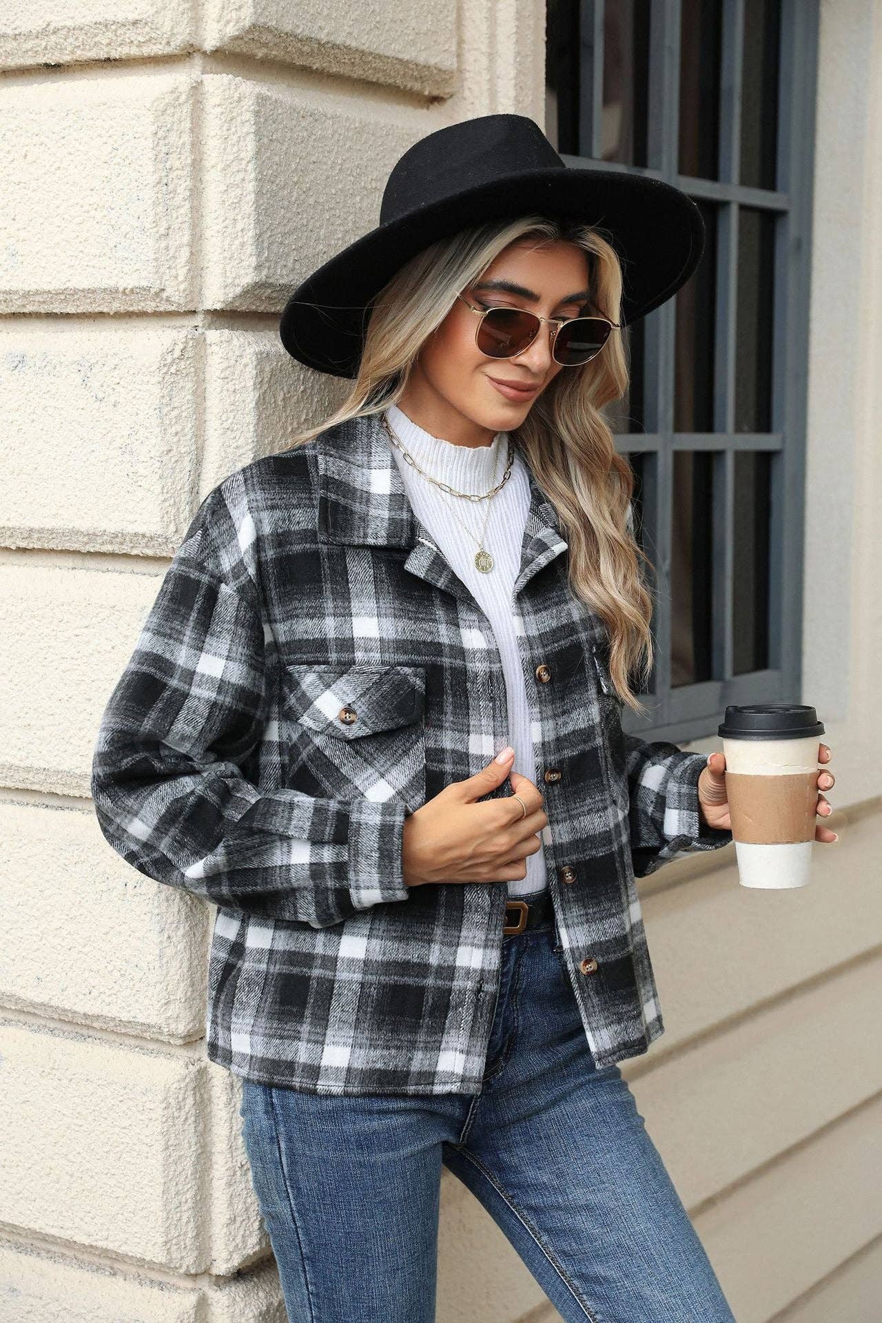 HLL7013-3 Long Sleeve Loose Pocket Plaid Top Wool Jacket