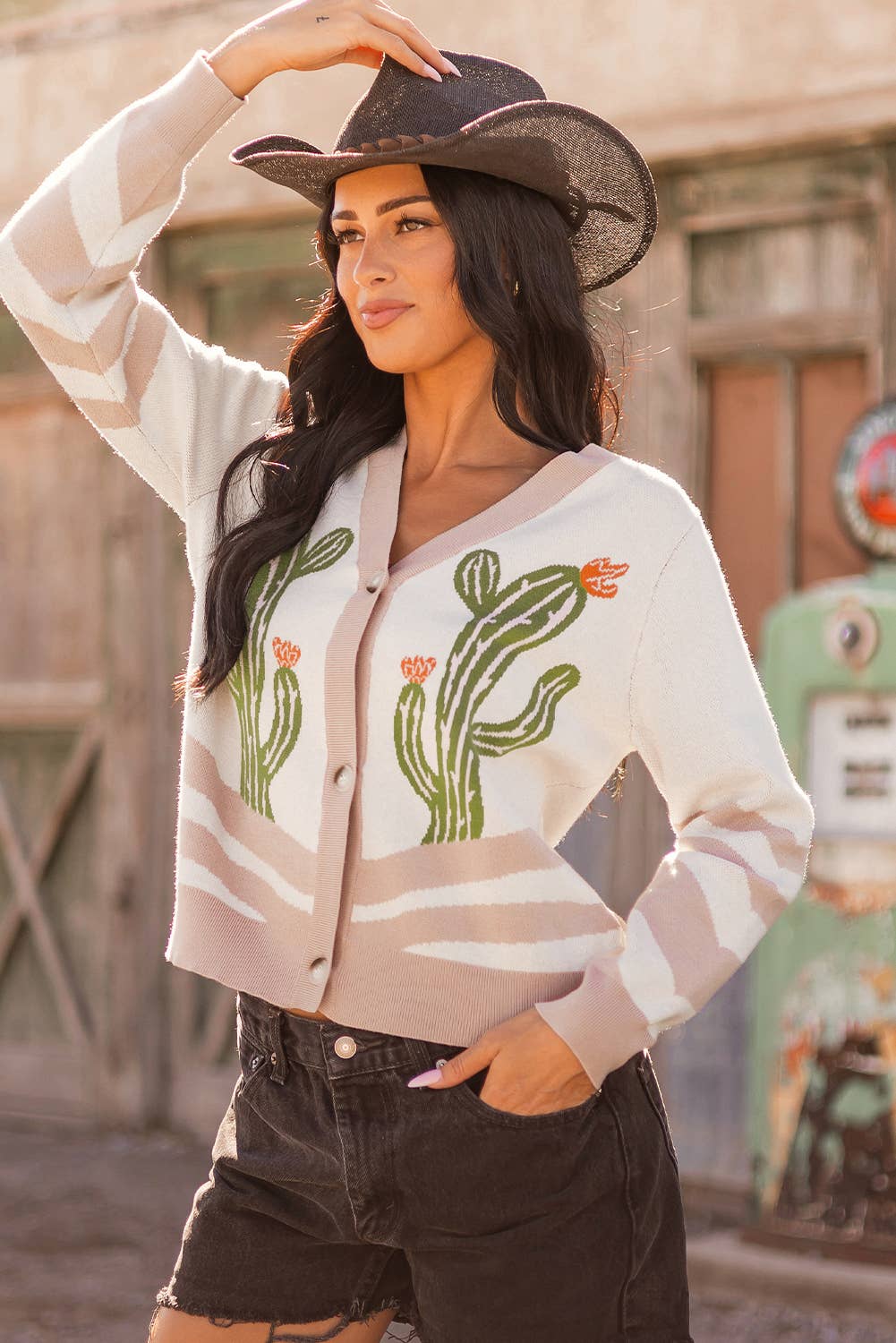 FW2712401-P1820 Fashion-W Western Cowgirl Fashion Cactus Sweater Cardigan: As shown / Missy