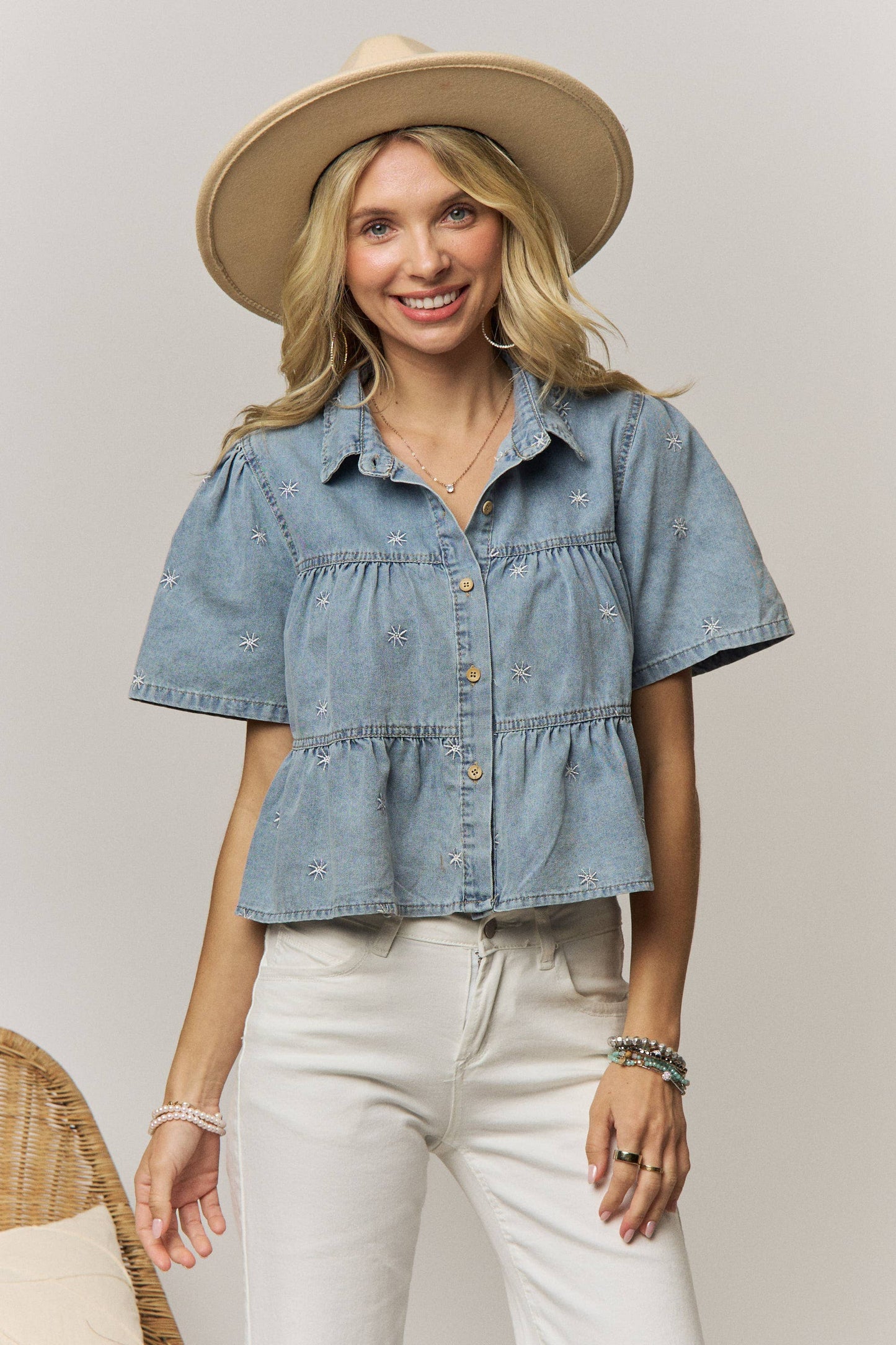 STAR EMBROIDERED DENIM SHIRT - LET4516: LT DENIM