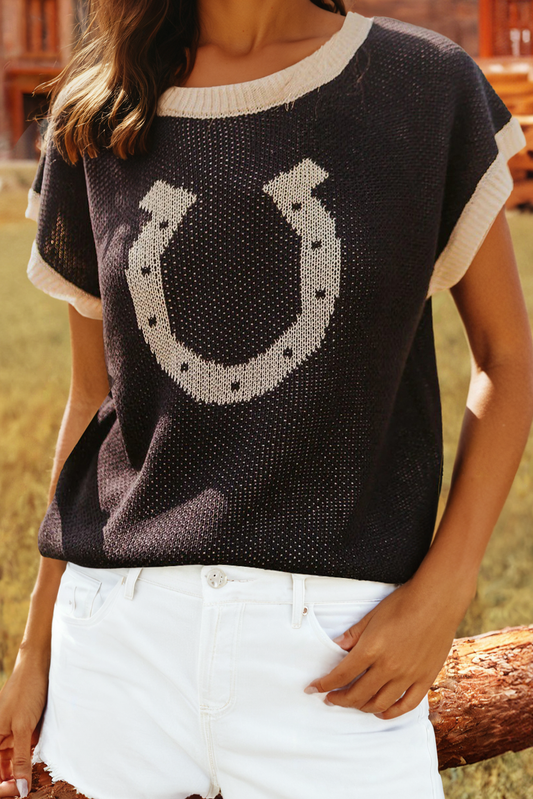 FW2727533-P2 Western Horse Shoe Contrast Trim Short Sleeve Sweater: Black