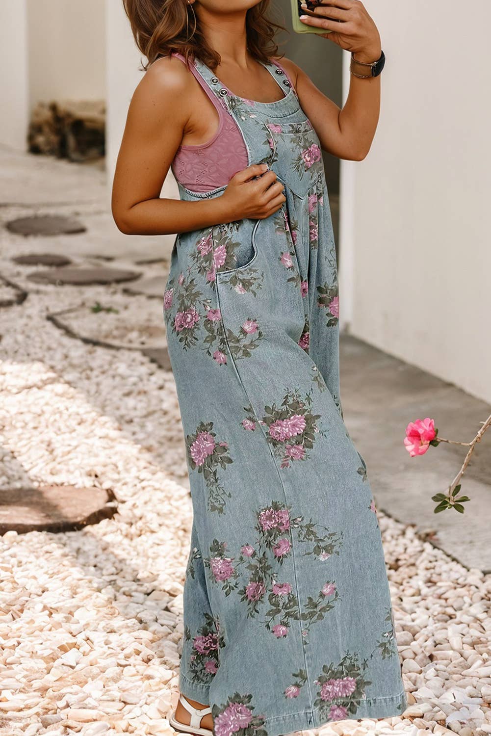 WESTERN FLORAL PLEATED HIGH WAITS WIDE LEG DENIM JUMPSUIT: BEAU BLUE