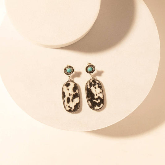 Wild Hide Dangle Earrings for Women with turquoise and cowhide print detail for premium western wear: Black & White