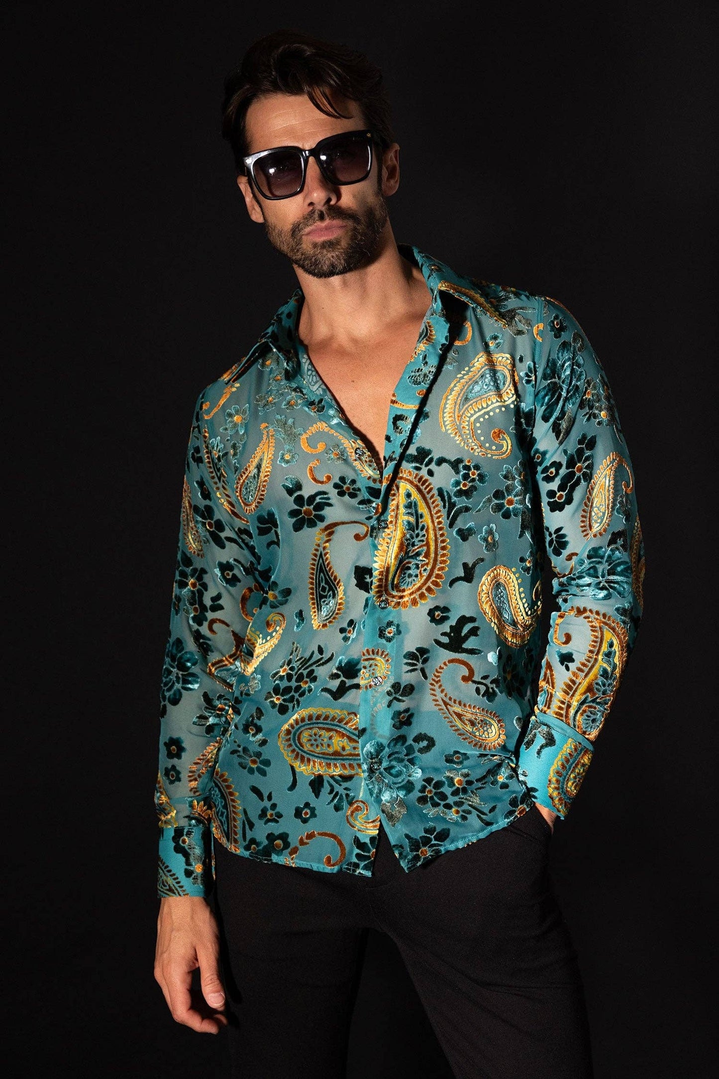 Bund Paisley Long Sleeve Shirt: -TEAL