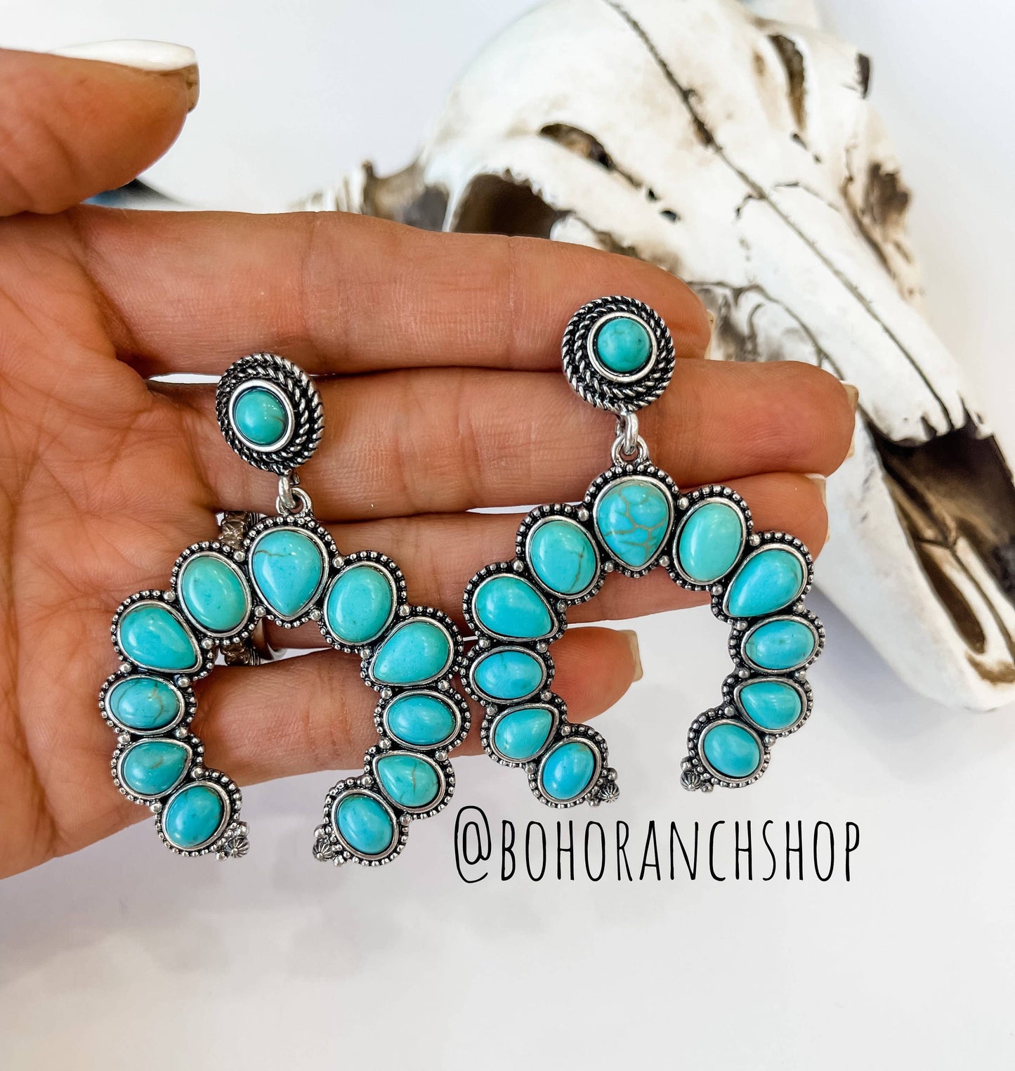 WESTERN SQUASH BLOSSOM STONE STUD EARRINGS: TURQUOISE