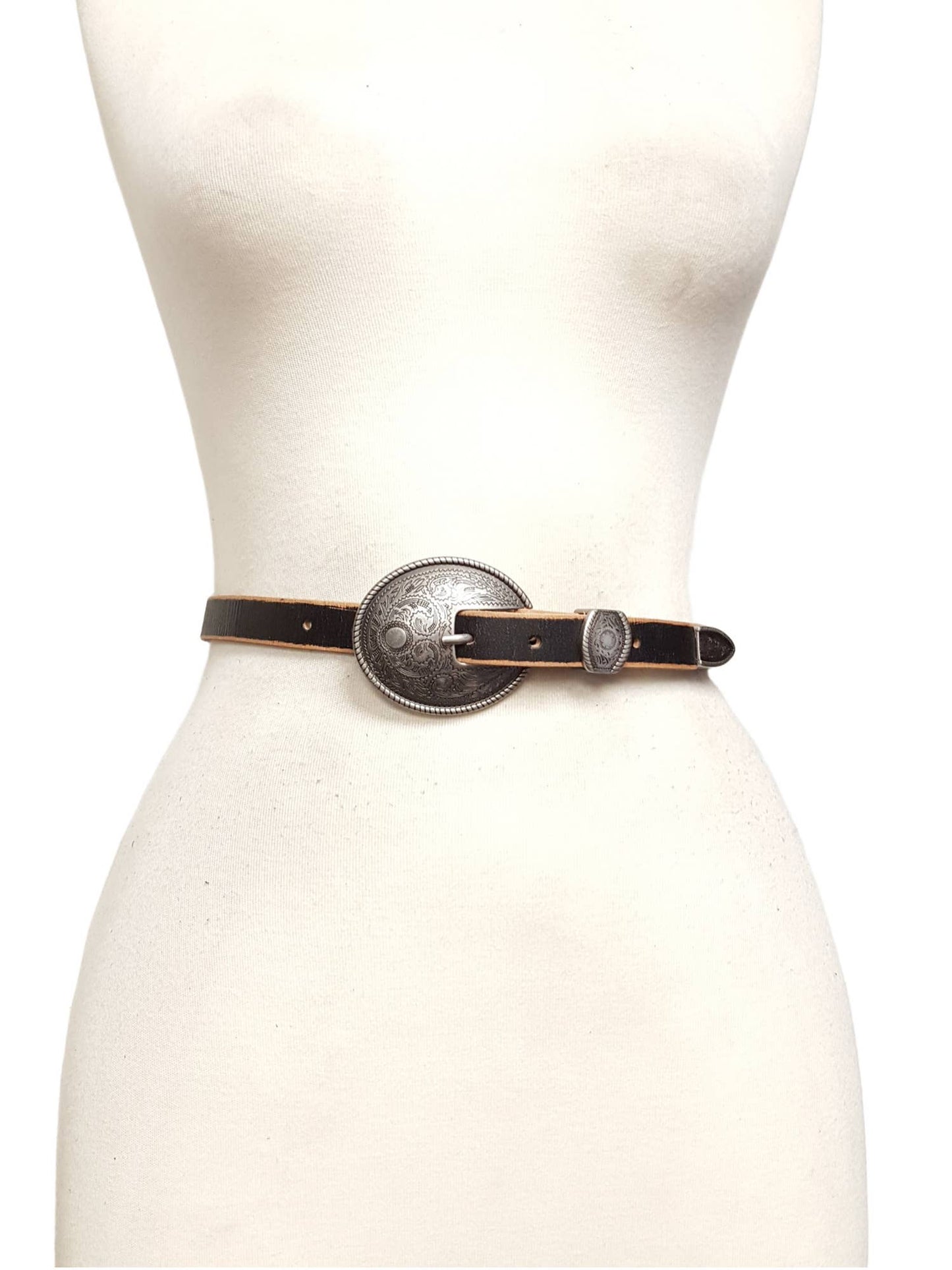 Vintage Skinny Leather Belt w.  antique silver floral buckle: Black