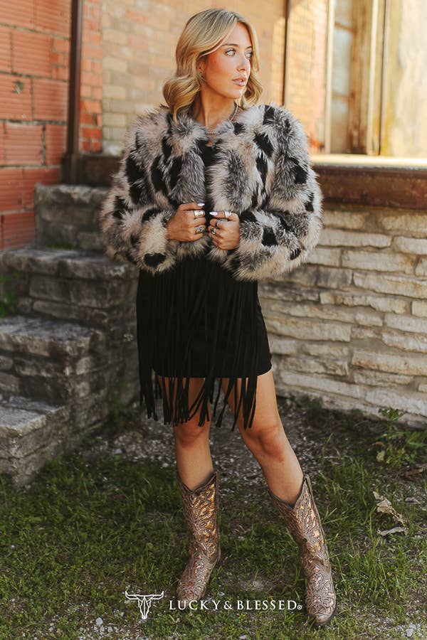 Taupe Grey Marbled Faux Fur Fringe Statement Jacket