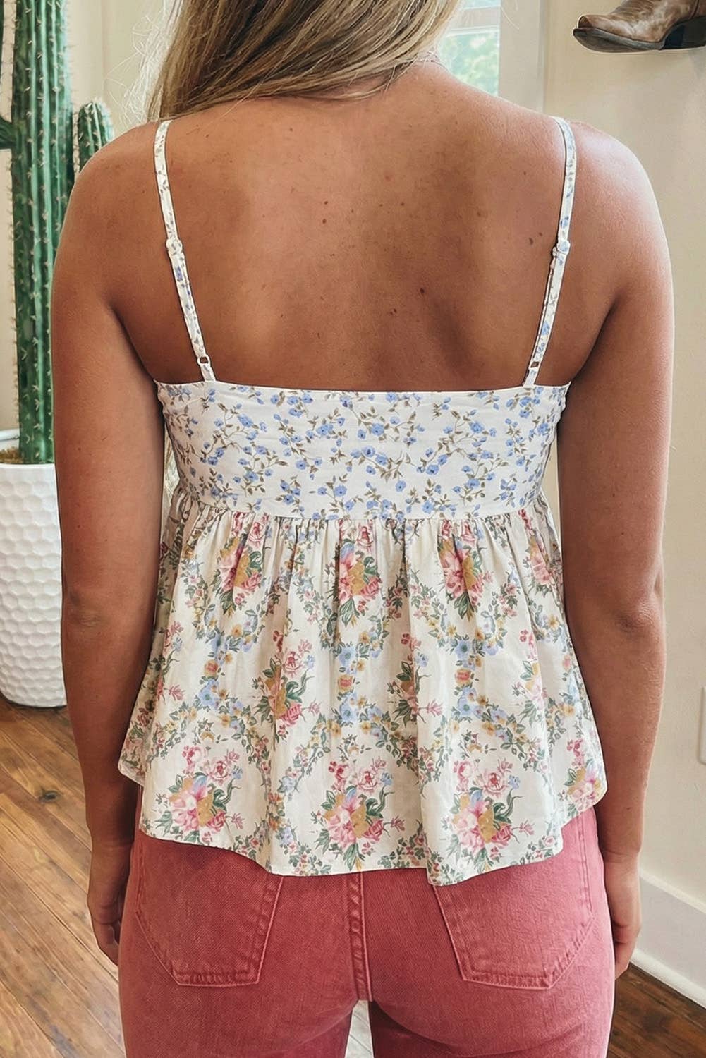 LDC WESTERN FLORAL PATCHWORK SPAGETTL STRAPS BABYDOLL TOP: WHITE
