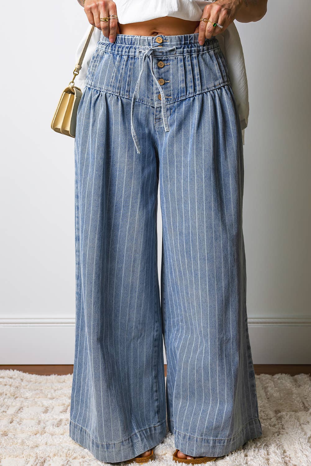 Stripe Button Pleated Drawstring Waist Wide Leg Jeans Sky Blue Stripe