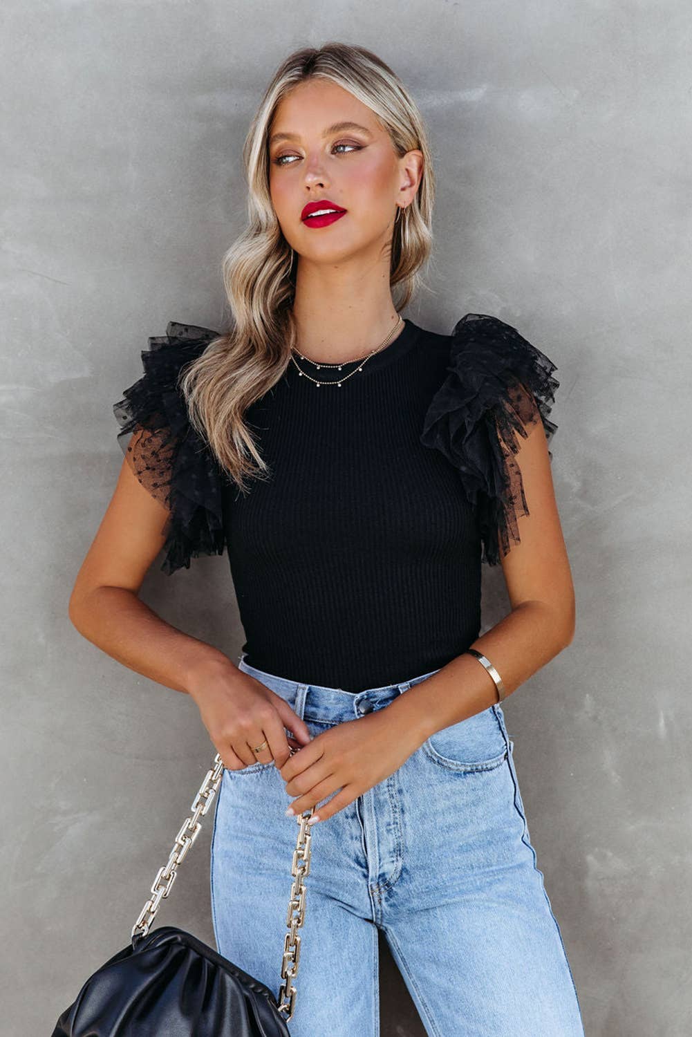 LC25119492-2 Dotty Mesh Ruffle Sleeve Ribbed Knit Top: Black