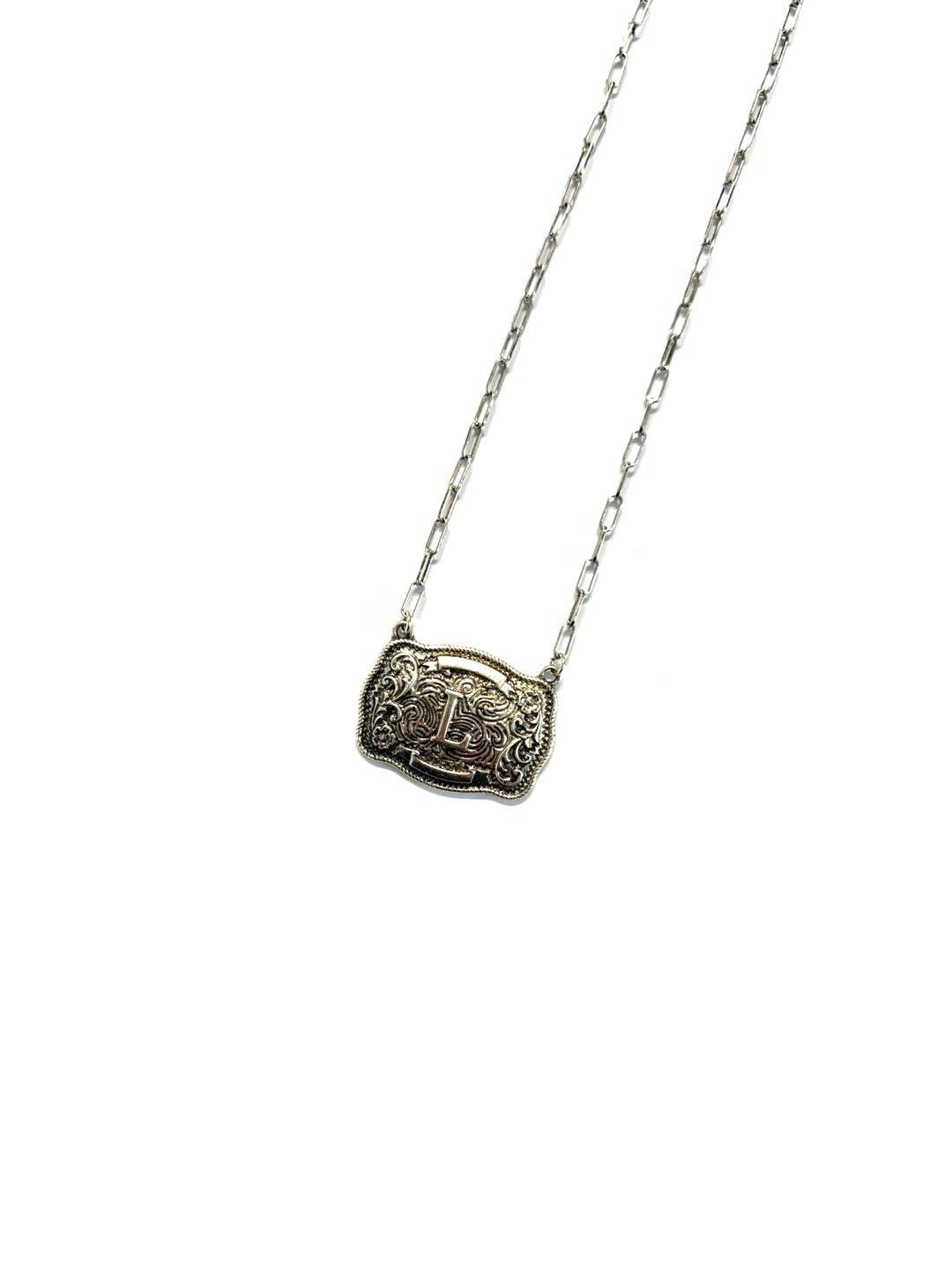 Western Belt Buckle Initial Necklace: E