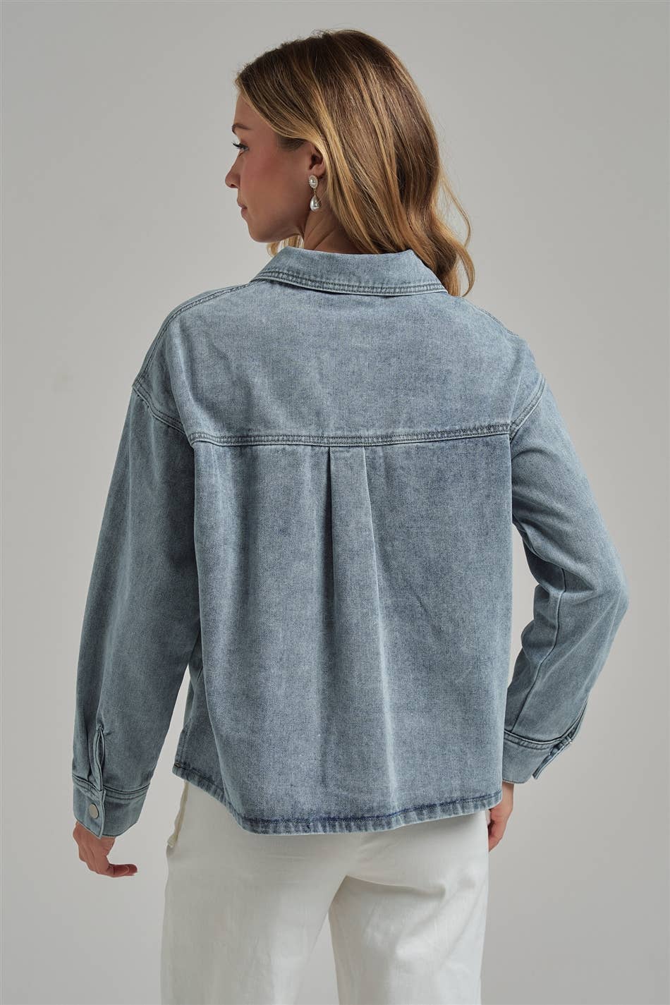 VINTAGE WASHED DENIM SHACKET WITH 3D FRONT POCKETS: DENIM