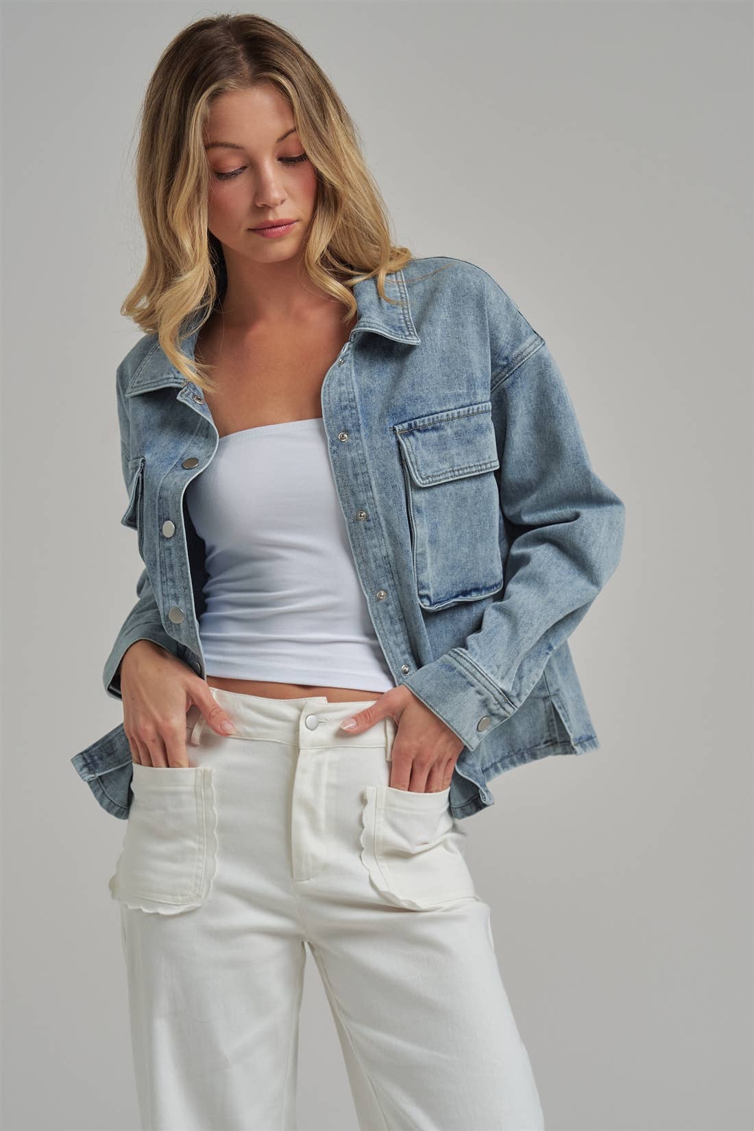 VINTAGE WASHED DENIM SHACKET WITH 3D FRONT POCKETS: DENIM