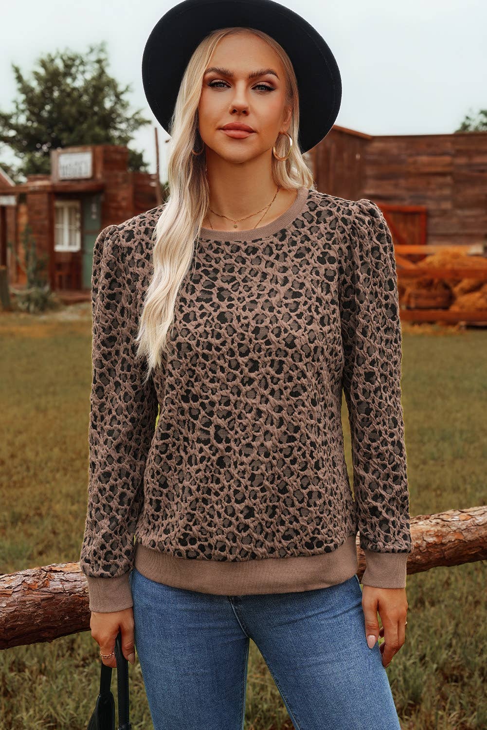 FW25133419-P1620 Western Ribbed Trim Leopard Print Long Sleeve Top
