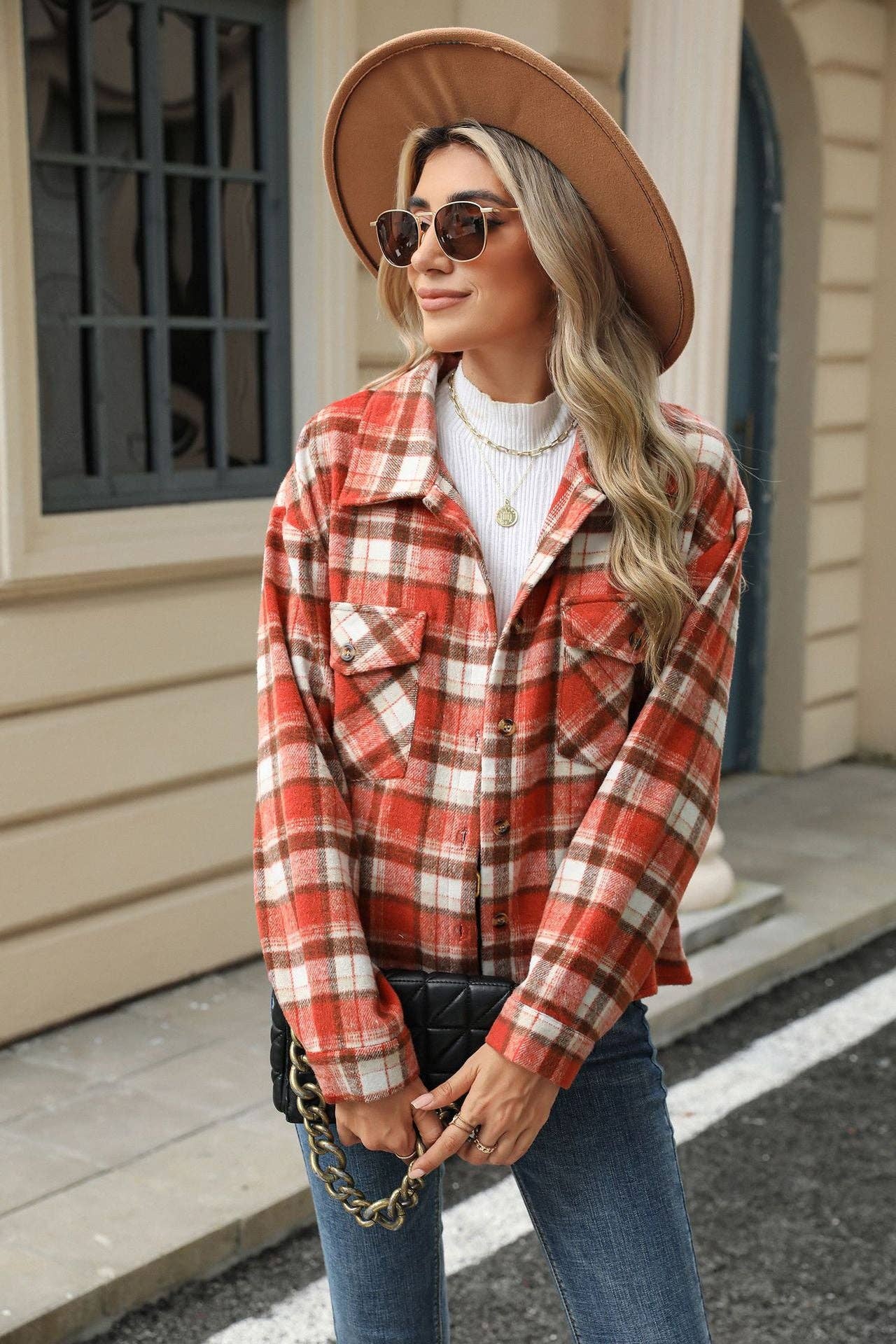 HLL7013-3 Long Sleeve Loose Pocket Plaid Top Wool Jacket