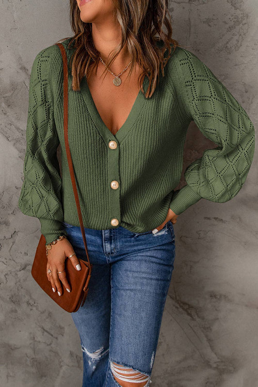 LC271628-9 Bishop Sleeve Button V Neck Cardigan Sweater: Green