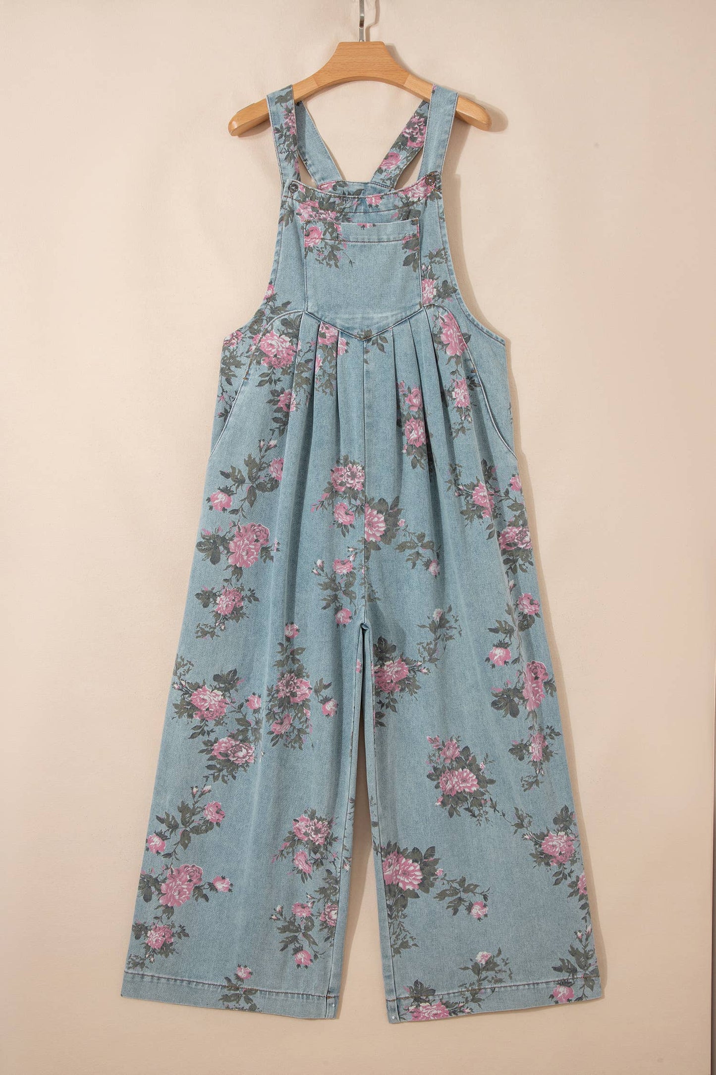 WESTERN FLORAL PLEATED HIGH WAITS WIDE LEG DENIM JUMPSUIT: BEAU BLUE