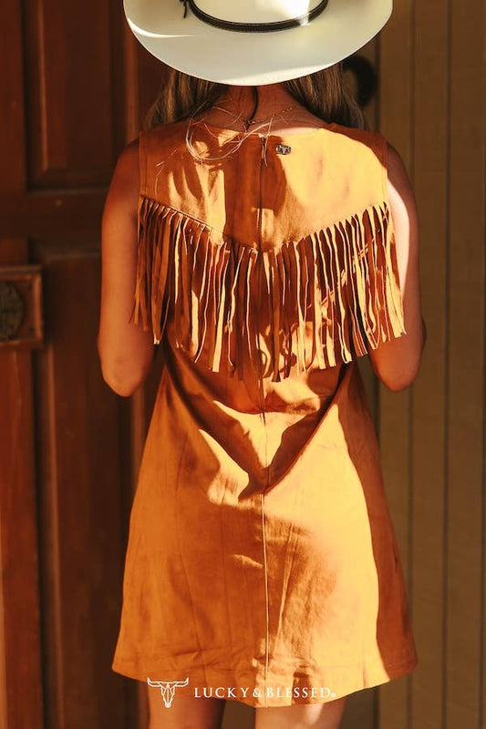 Camel Stretch Suede Fringe Yoke Stitch Detail Dress