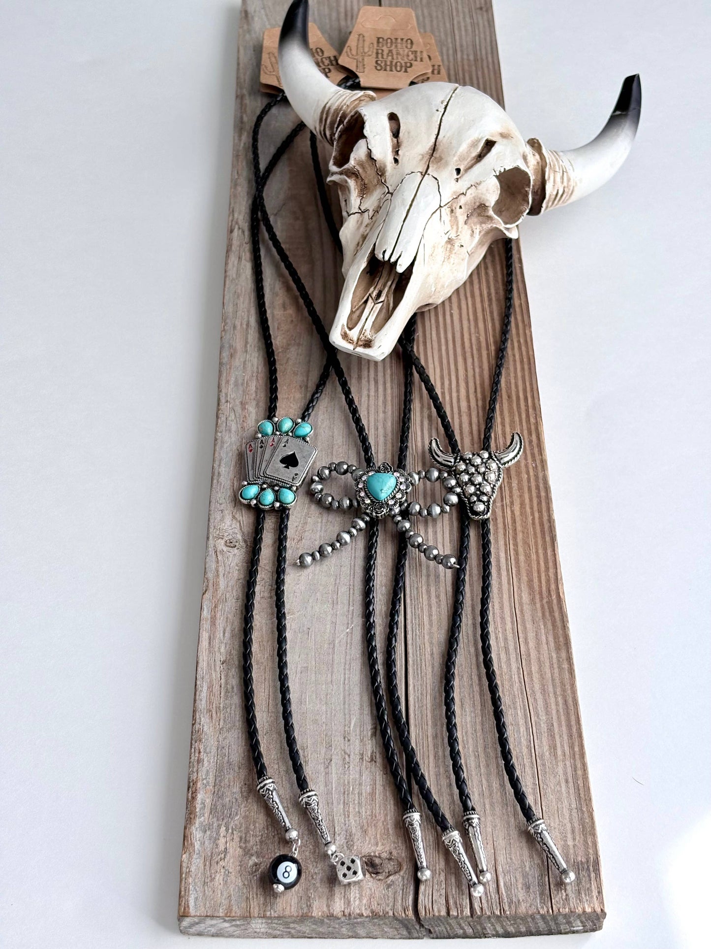 WESTERN STYLE BOLO TIE PENDANT W/ LEATHER CORD NECKLACE: BOW