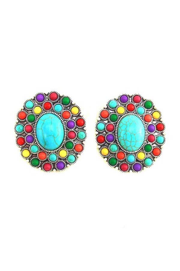 WESTERN CONCHO DESIGN POST EARRINGS: FUCHSIA