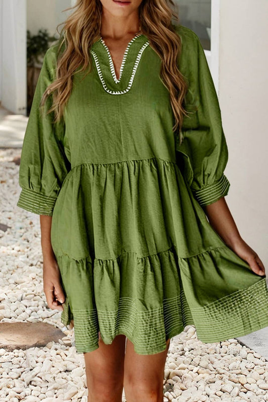 LD6126059-P609 LDC Contrast Stitched V Neck 3/4 Sleeve Swingy Mini Dress: Jungle Green
