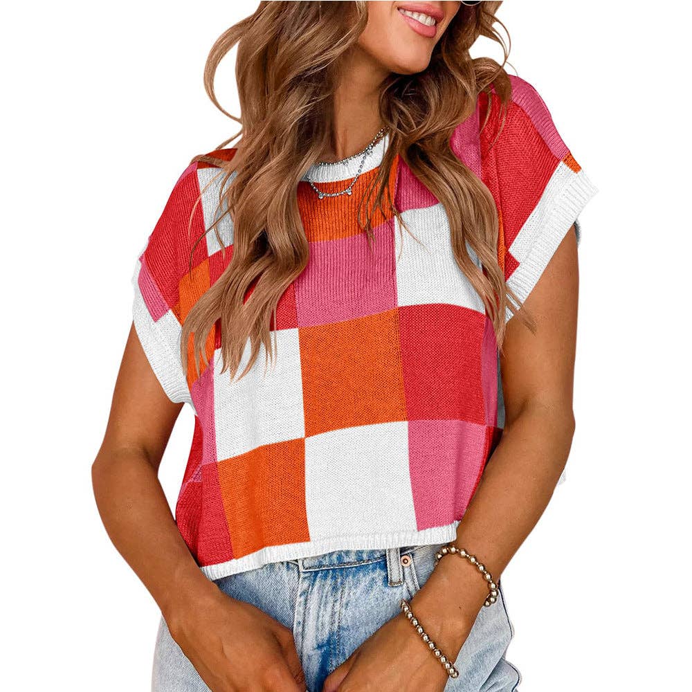 MD263-14 Colorblocked Sweater Vest Crew Neck Knit Trendy Pullover Vest: Orange