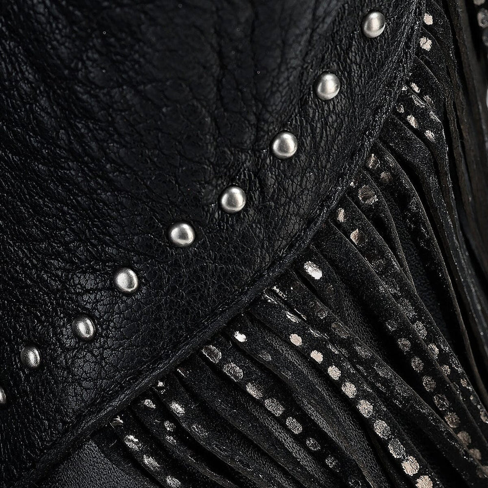 CC248 LD CUADRA BLACK ZIPPER & STUDS & FRINGE POINTED TOE BOOT