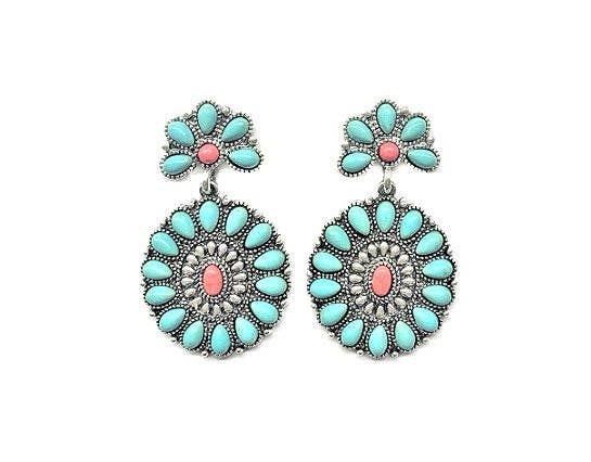Western Turquoise Concho Dangle Earrings: TURQUOISE
