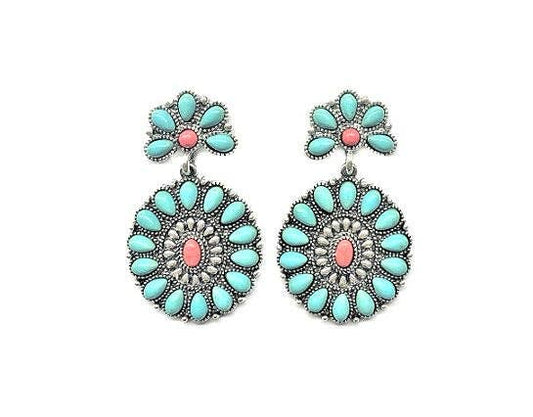 Western Turquoise Concho Dangle Earrings: TURQUOISE / CORAL