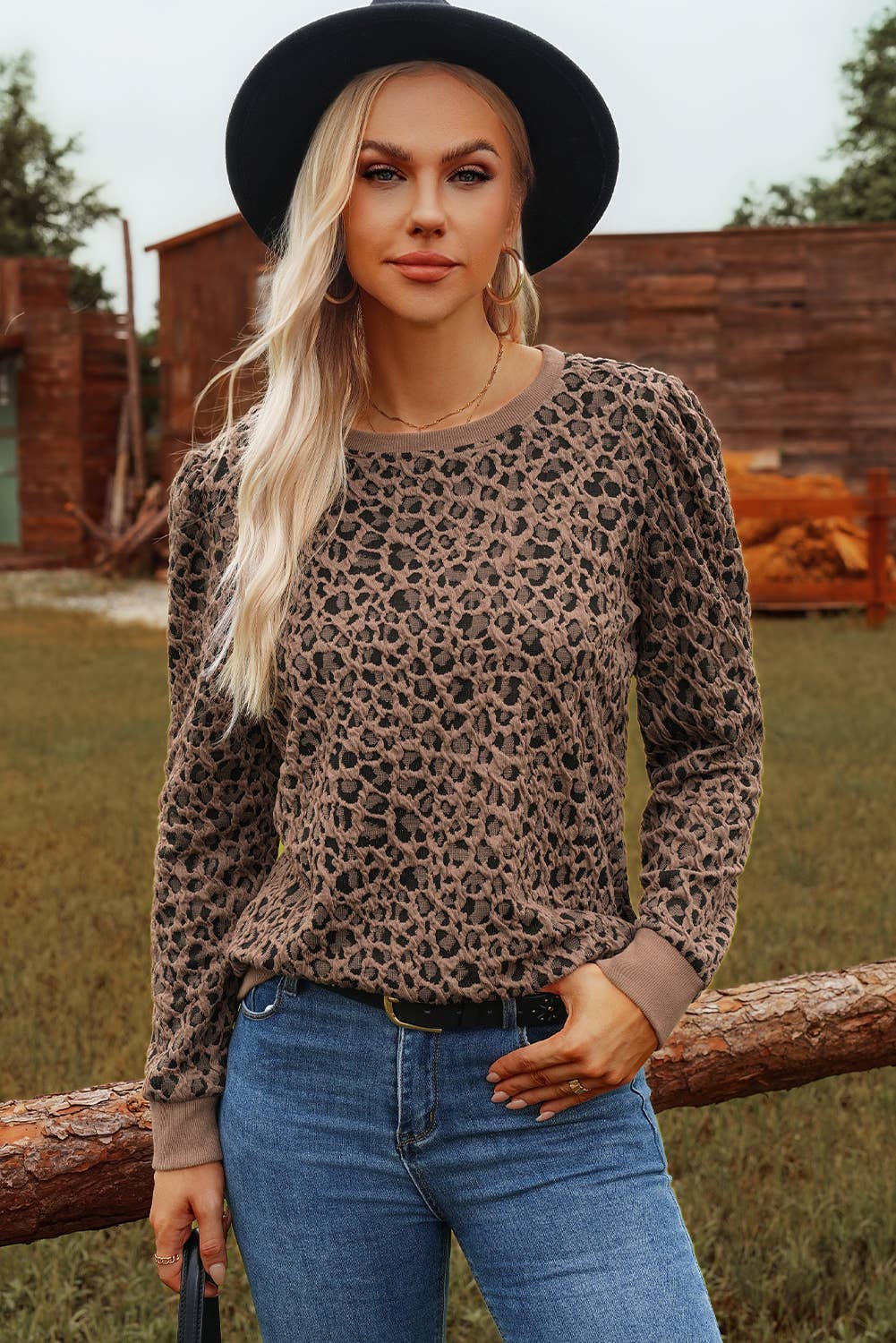 FW25133419-P1620 Western Ribbed Trim Leopard Print Long Sleeve Top