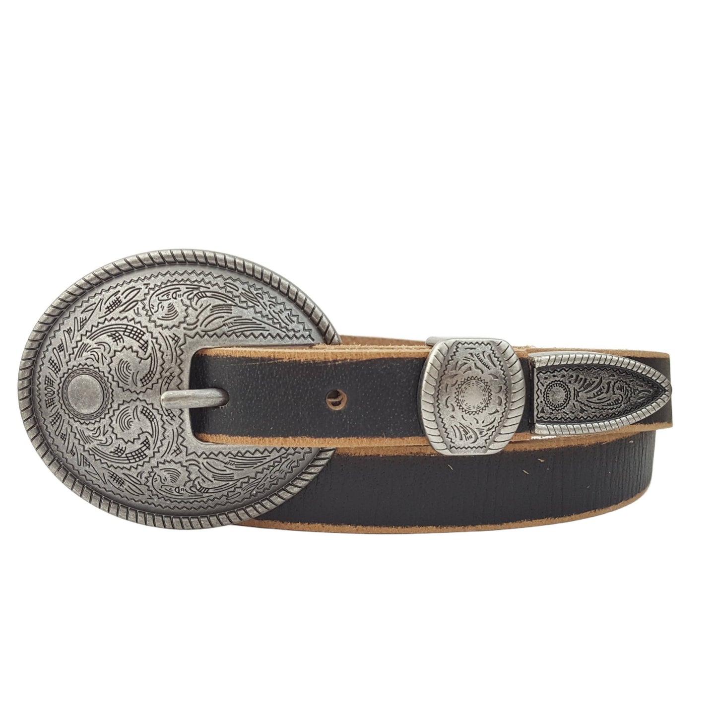 Vintage Skinny Leather Belt w.  antique silver floral buckle: Black