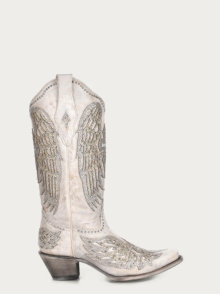 A3571 - WOMEN'S GLITTER INLAY CROSS AND WINGS EMBROIDERY WHITE SNIP TOE COWBOY BOOT