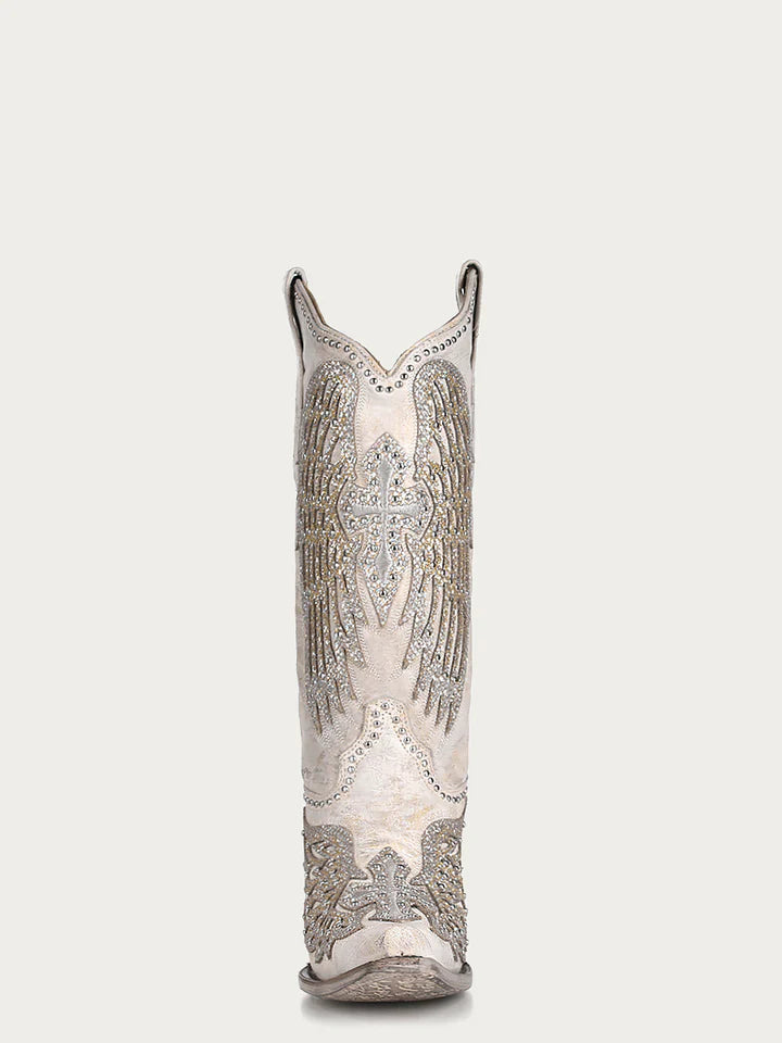 A3571 - WOMEN'S GLITTER INLAY CROSS AND WINGS EMBROIDERY WHITE SNIP TOE COWBOY BOOT