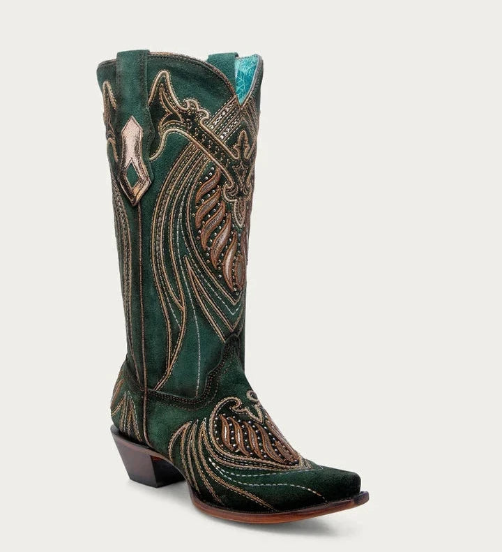 A4714 CORRAL WOMENS OVERLAY WITH STUDS GREEN COWBOY BOOTS