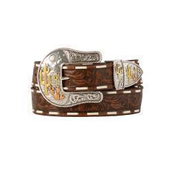 D140009902 M&F ANGEL RANCH LADIES BELT 1 1/2" FLORAL EMBOSSED NYLON STEP LACE BROWN