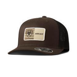 A300090702 ARIAT MENS FLEXFIT 110 CAP SNAP BACK AMERICXAN FLAG PATCH BROWN