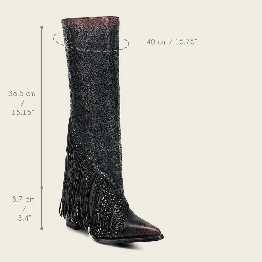 CC248 LD CUADRA BLACK ZIPPER & STUDS & FRINGE POINTED TOE BOOT