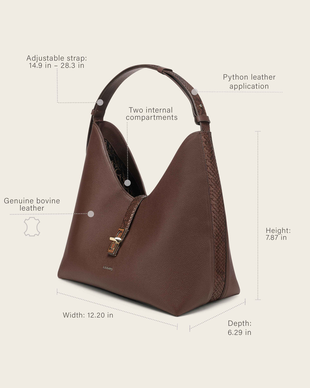 DU833-BG CUADRA CHOCOLATE PYTHON STITCHING BAG