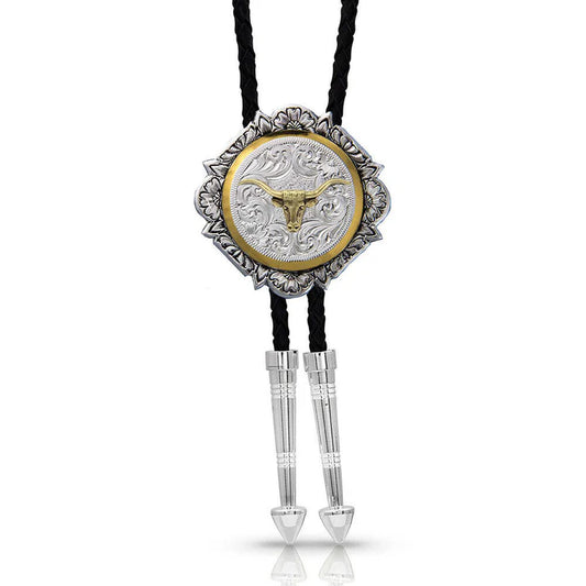 BT366-384S MONTANA SILVERSMITHS BT-2T Scalloped Concho w/Longhorn Bolo Tie