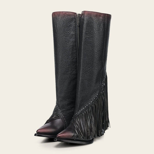 CC248 LD CUADRA BLACK ZIPPER & STUDS & FRINGE POINTED TOE BOOT