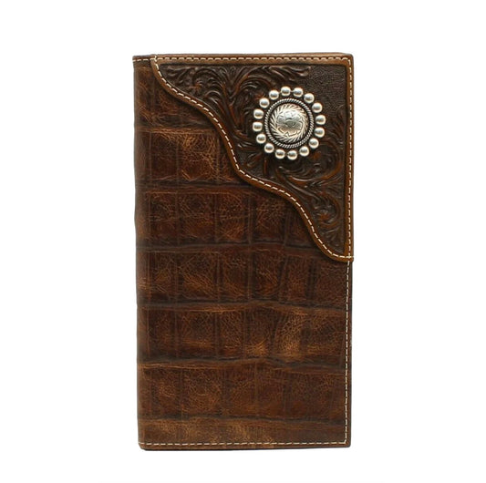 A3529402 ARIAT FLORAL EMBOSSED OVERLAY LARGE CONCHO RODEO WALLET