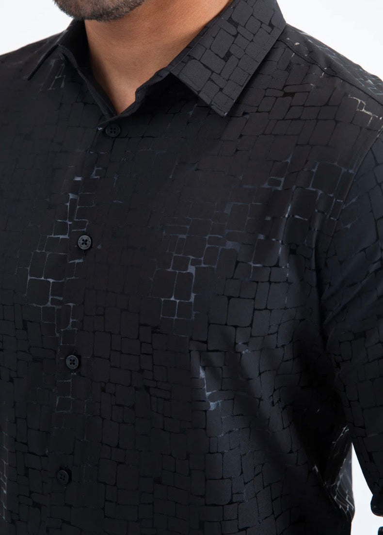 FPL11508 PLATINI MENS MODERN FIT STRETCH FOIL FASHION BLACK SHIRT