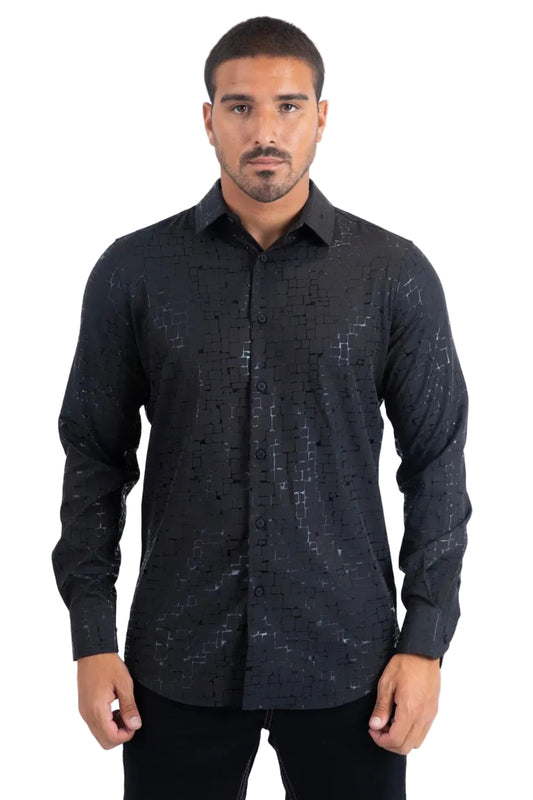 FPL11508 PLATINI MENS MODERN FIT STRETCH FOIL FASHION BLACK SHIRT