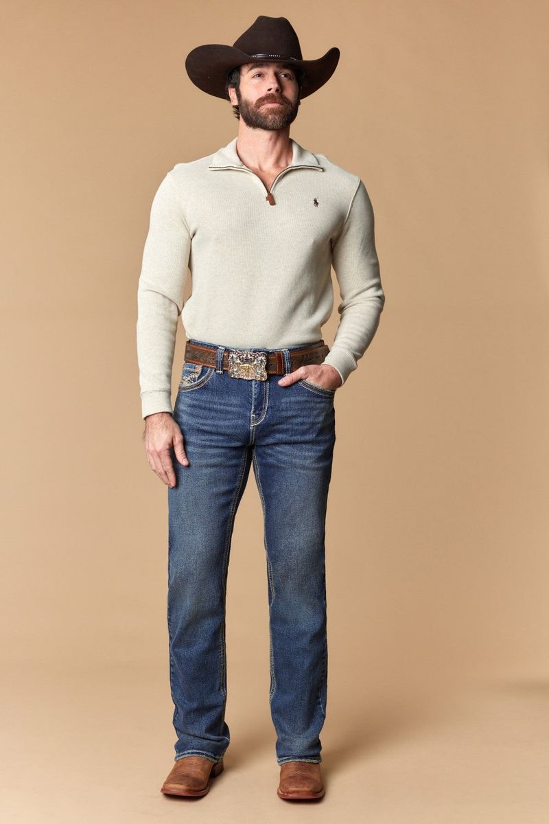 W-493-L34 WESTERN BLUE MEN'S EMBROIDERED MODERN BOOTCUT JEANS