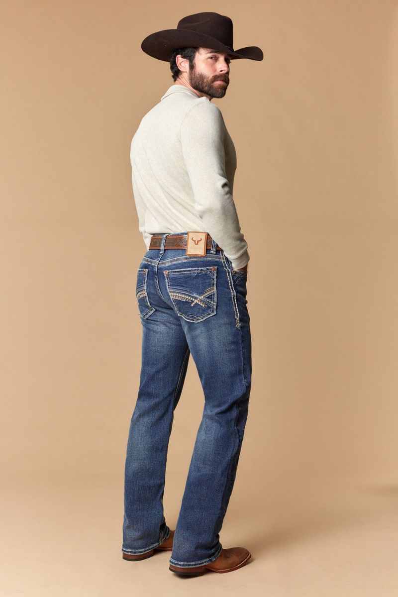 W-493-L34 WESTERN BLUE MEN'S EMBROIDERED MODERN BOOTCUT JEANS